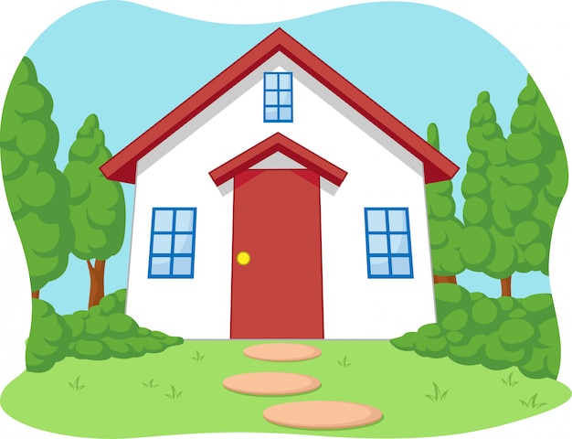 Vector cartoon of cute little house with garden