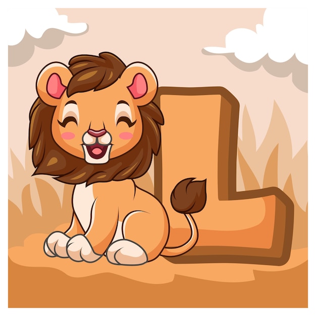 Cartoon cute little lion smiling in the middle of african forest