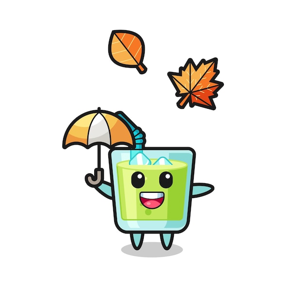 가을에 우산을 들고 귀여운 멜론 주스의 만화