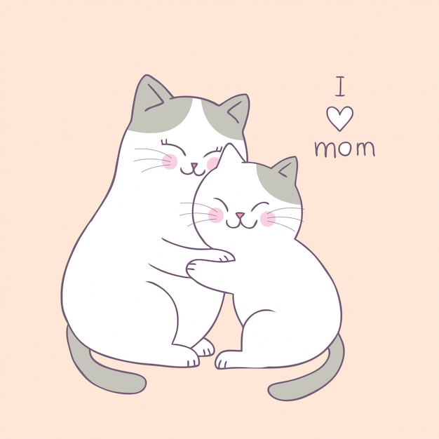 Cartoon cute mom and baby cat vector.