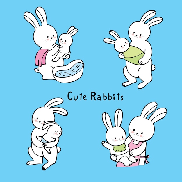 Cartoon cute mom and baby white rabbit vector