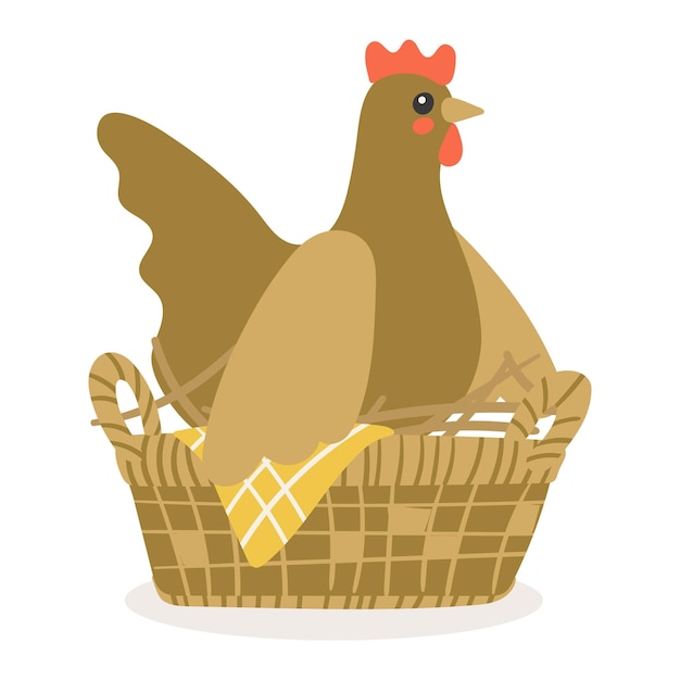 Мультяшная милая мама-курица в корзине, высиживающая яйца Корзина с соломой Простой мультяшный изолированный вектор