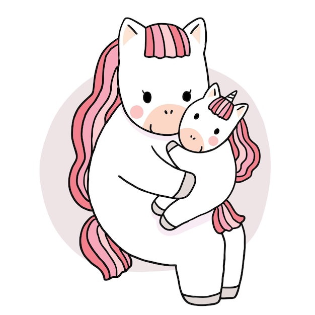 Cartoon cute mom and child unicorn hugging vector