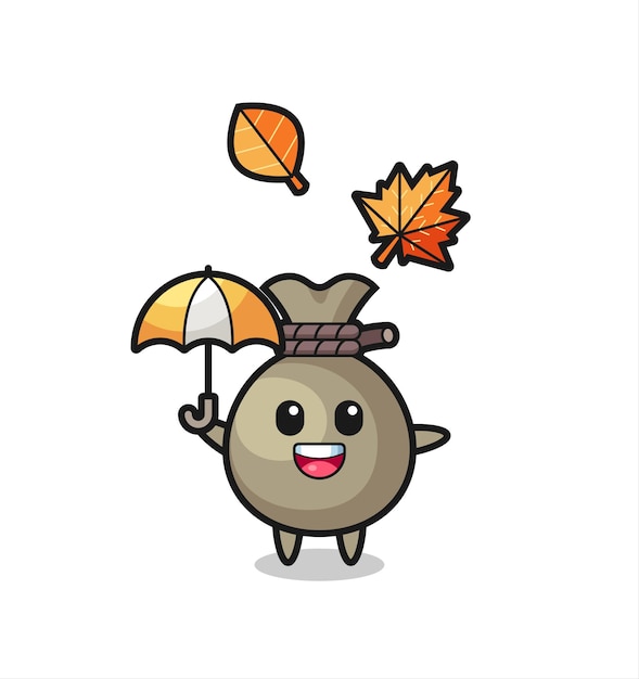 Cartoon of the cute money sack holding an umbrella in autumn , cute style design for t shirt, sticker, logo element