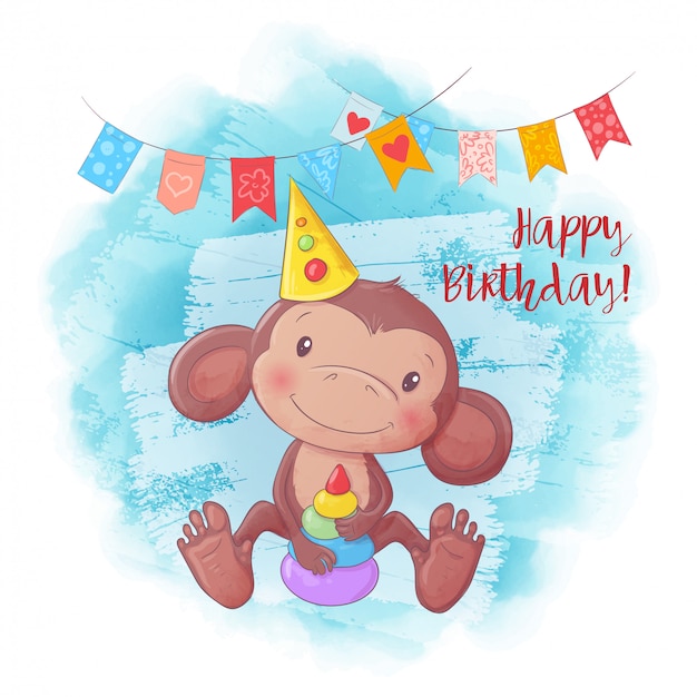 Vector cartoon cute monkey with a pyramid. birthday card.