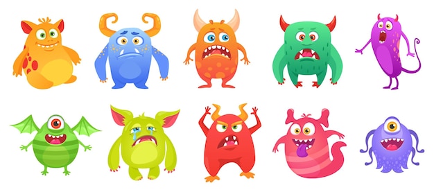 Vector cartoon cute monster character with funny faces quirky ugly scary troll friendly alien mascot vector