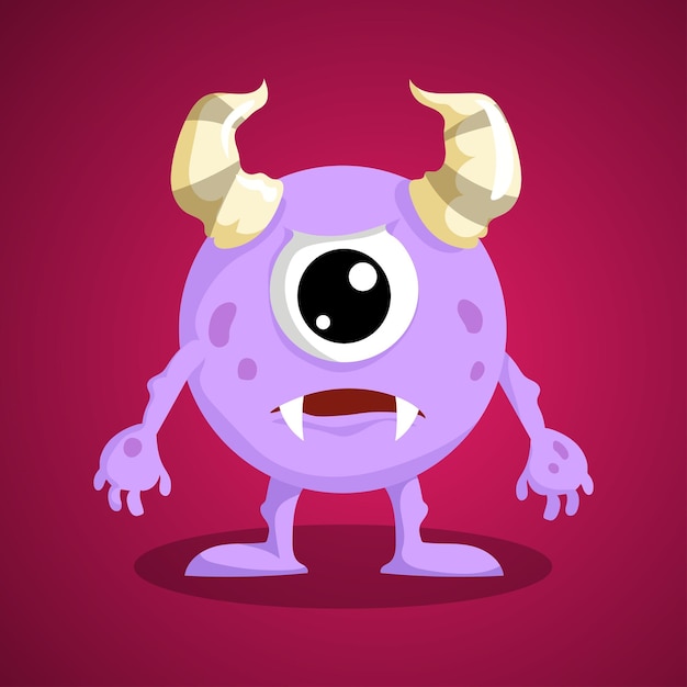 Cartoon cute monster Horned one eyed disappointed creature Cyclops looking character Vector illustration