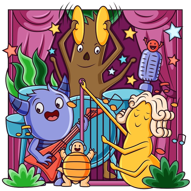 cartoon cute monster playing music