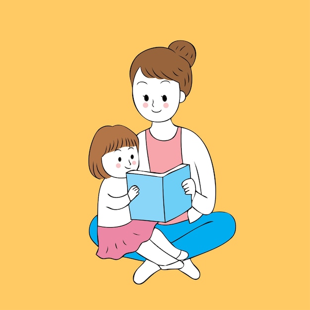 벡터 만화 귀여운 어머니와 딸이 책을 읽고 벡터.