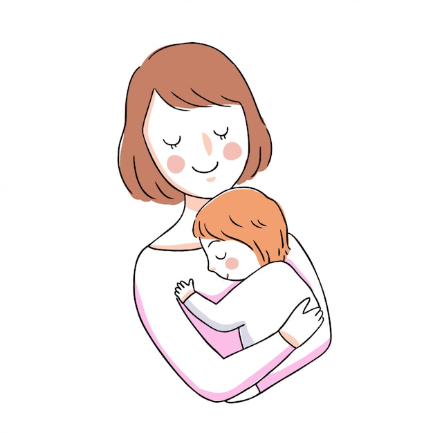 Cartoon cute mother and baby hugging 