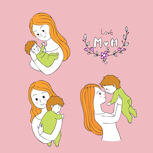 ベクトル 漫画かわいい母親は赤ちゃんのベクトルを運ぶ