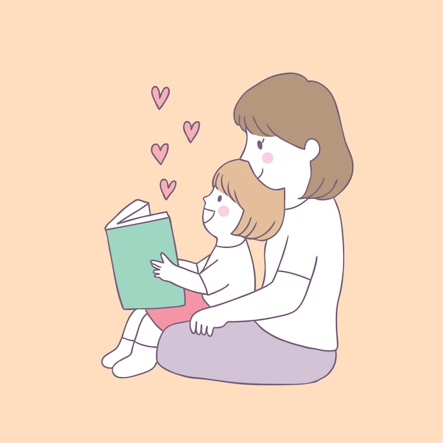 Vettore sveglio del libro di lettura della madre e della figlia del fumetto.