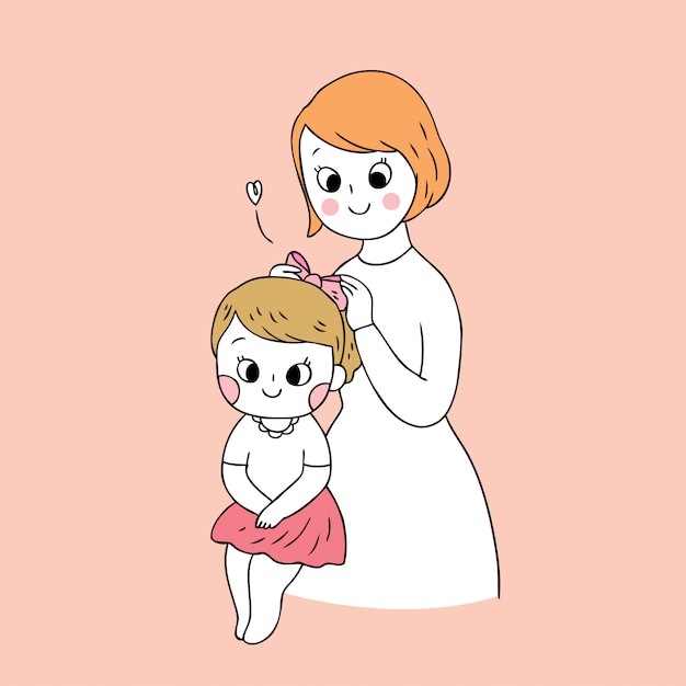 Cartoon cute mother and daughter vector.