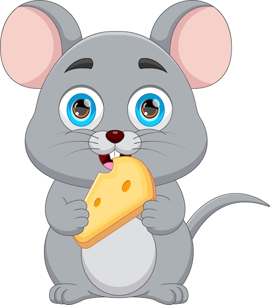 Vector cartoon cute mouse eating cheese