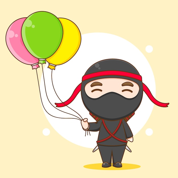 Cartone animato di simpatico personaggio ninja che tiene palloncini