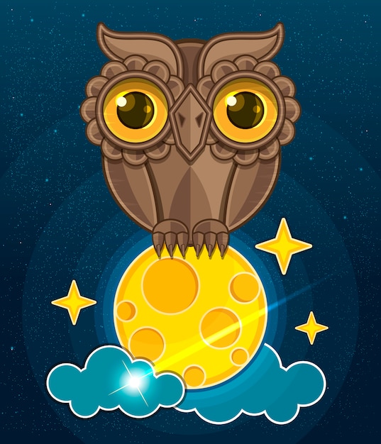 Vector cartoon cute owl sitting on a moon