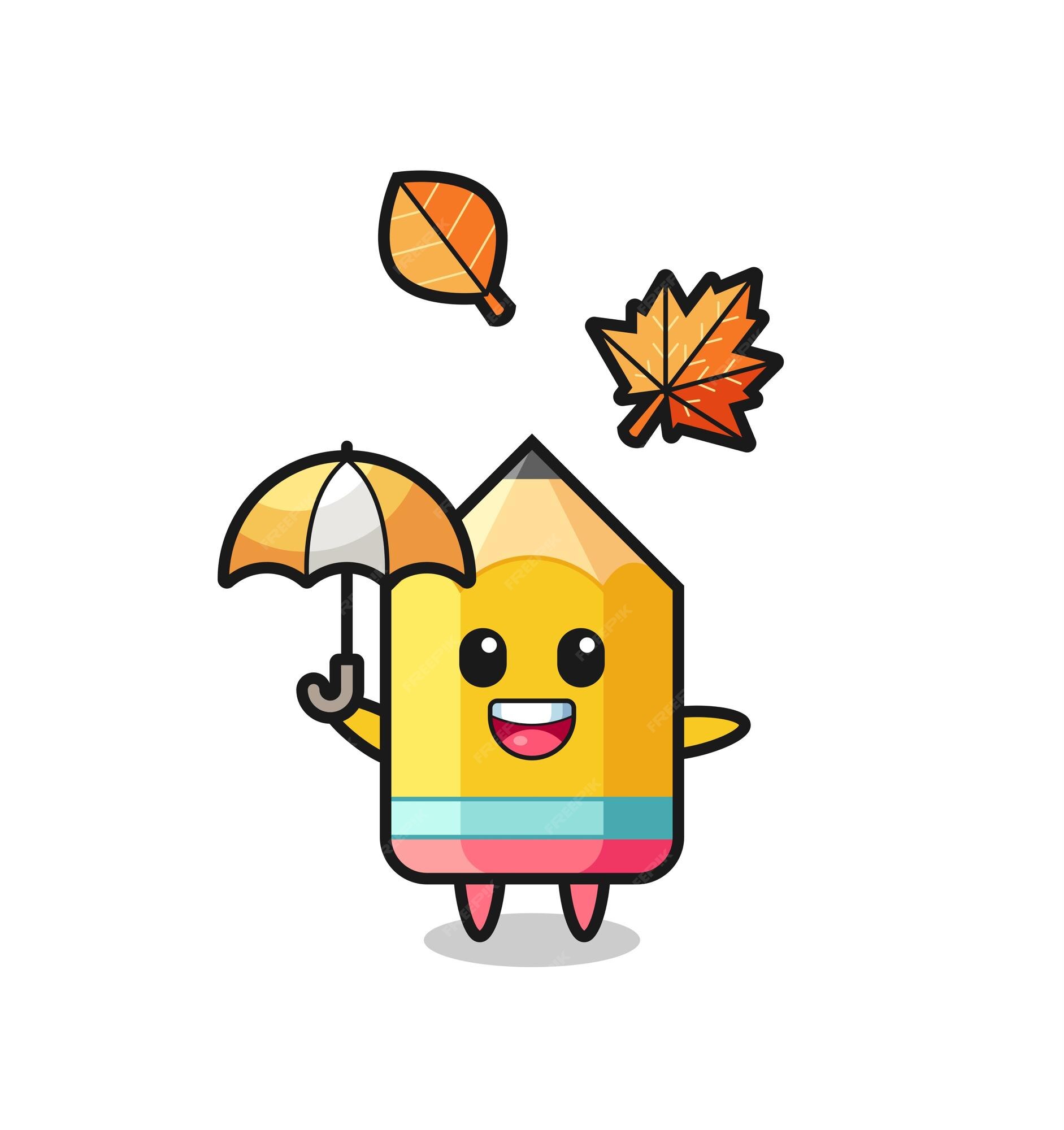 Premium Vector | Cartoon of the cute pencil holding an umbrella in autumn Premium Vector | Cartoon of the cute pencil holding an umbrella in autumn
