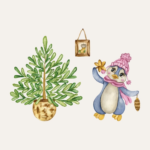 Cartoon carino pinguino che decora l'albero di natale personaggi dell'acquerello antartico pinguino di natale