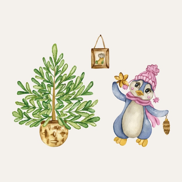 Cartoon cute penguin decoraing Christmas tree Watercolor antartic characters Christmas penguin