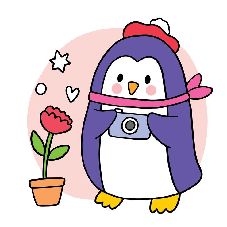 Vector cartoon cute penguin take a photo flower vector