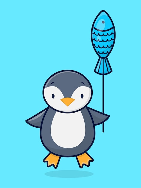Pinguino carino cartone animato con pesce palloncino carta per bambini poster per bambini