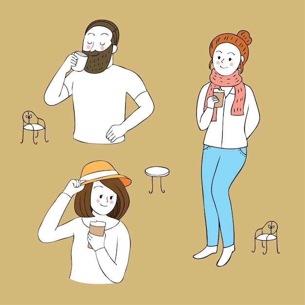 Cartoon cute people and coffee set vector.