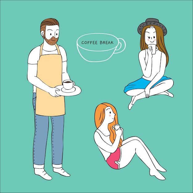 Cartoon cute people and coffee.