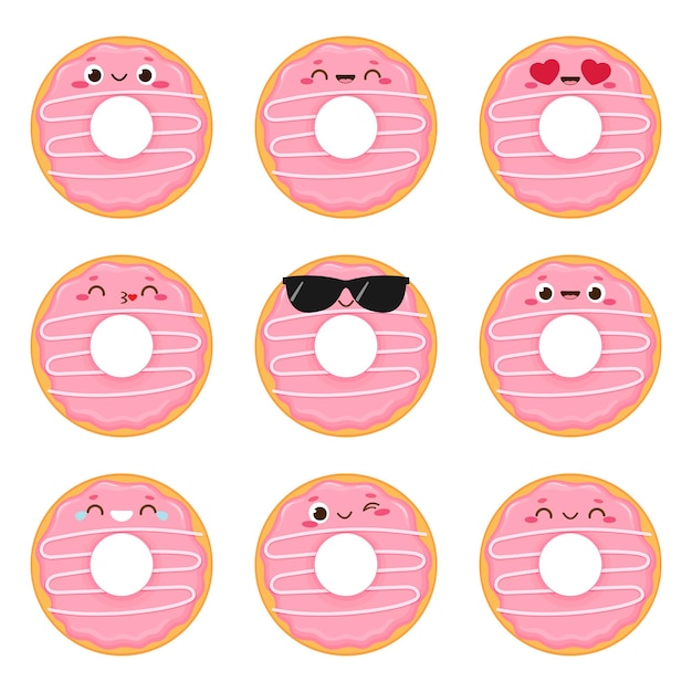 Cartoon cute pink donut set with happy face