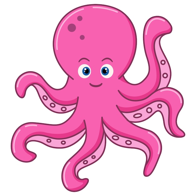 Vector cartoon cute pink octopus on white background