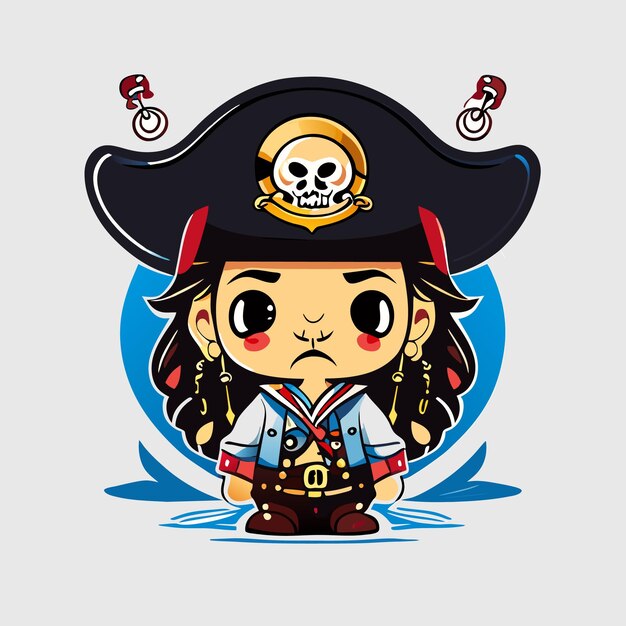 Vector cartoon cute pirate skull ship sea gangster drip white layer