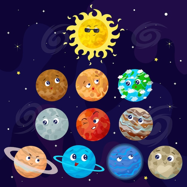 Vector cartoon cute  planets illustration.