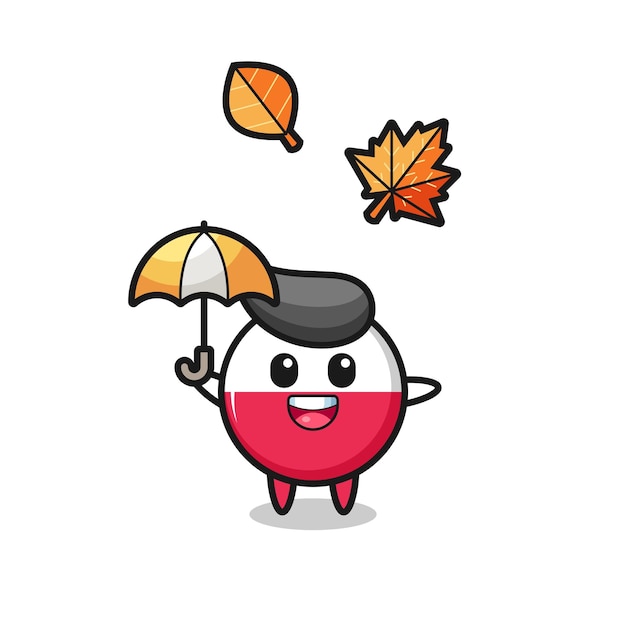 Vector cartoon of the cute poland flag badge holding an umbrella in autumn