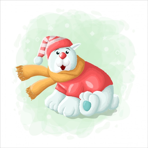 Cartoon Cute Polar Bear with Gift Box Merry Christmas Illustration 