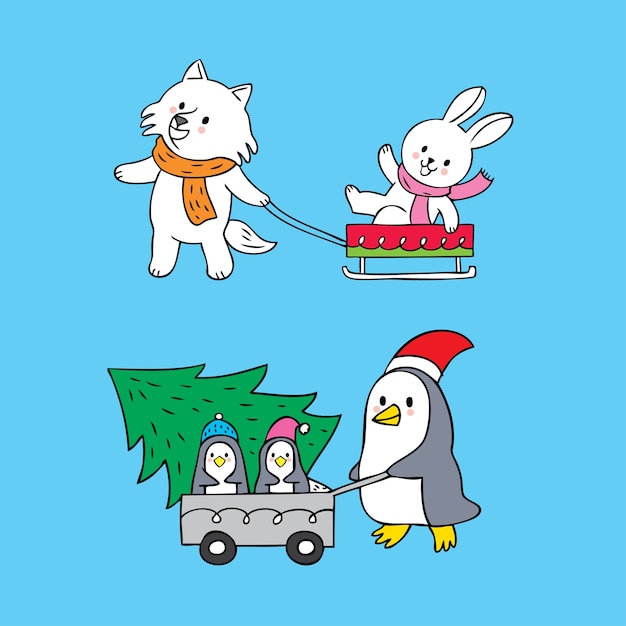 漫画かわいいポール動物のクリスマスの日ベクトル。