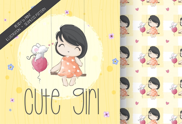 Cartoon cute pretty girl with baby mouse seamless pattern