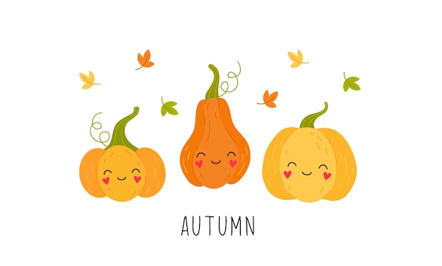 Cartoon cute pumpkin, falling autumn leaves. isolated illustration on a white background.