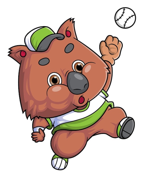 Cartoon cute quokka character playing baseball on white background