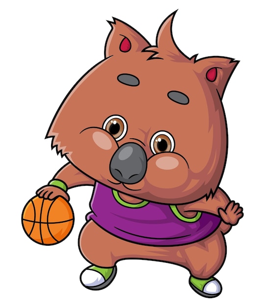 Cartoon cute quokka character playing basketball on white background