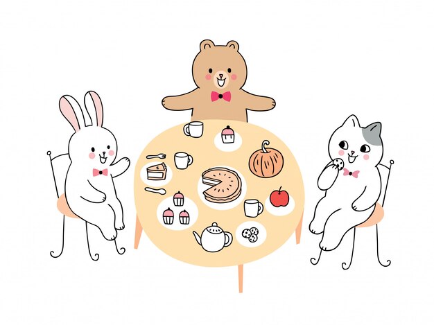 Vector cartoon cute rabbit and bear and cat drinking tea time.