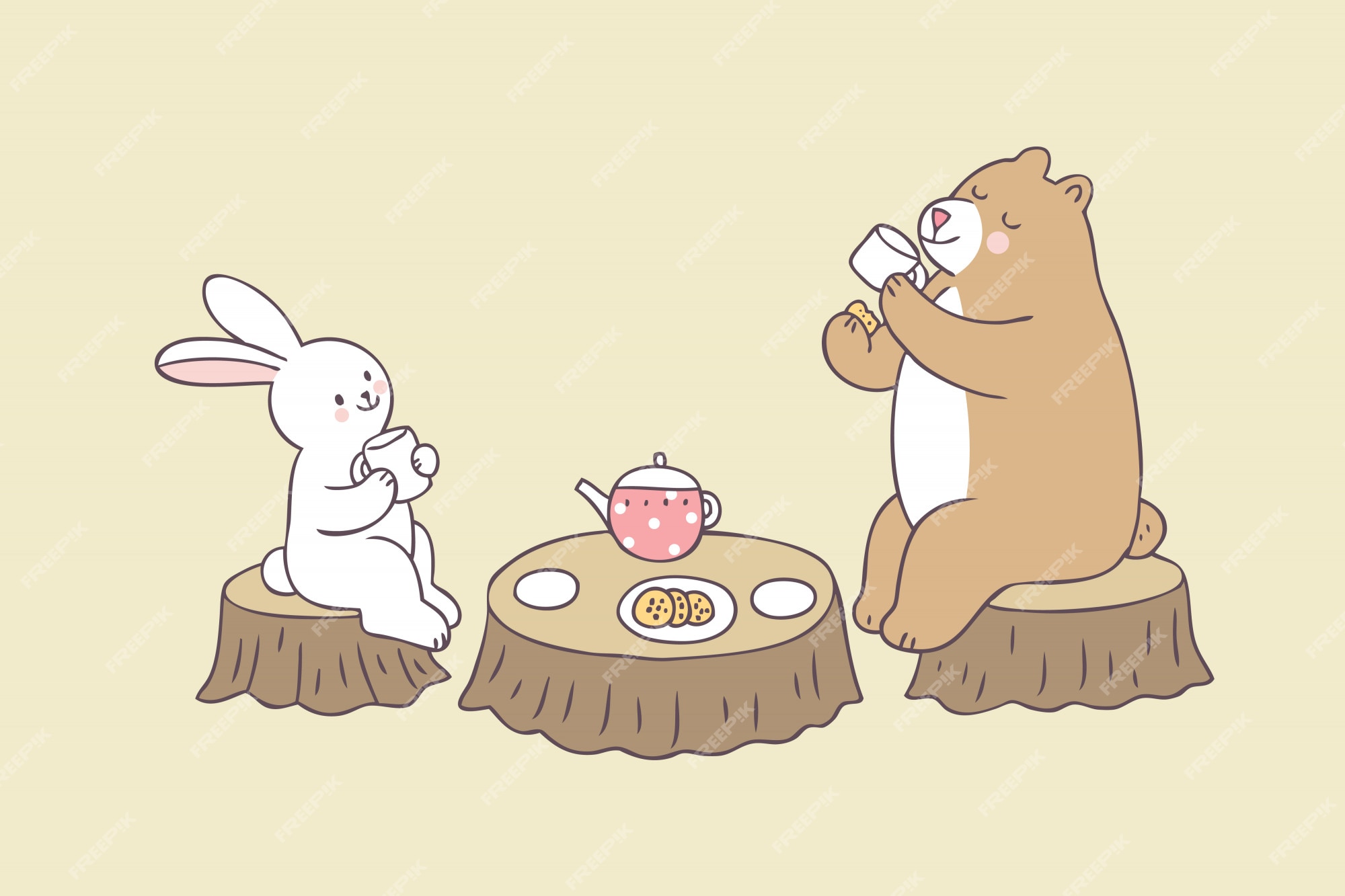 Premium Vector | Cartoon cute rabbit and bear tea time vector.