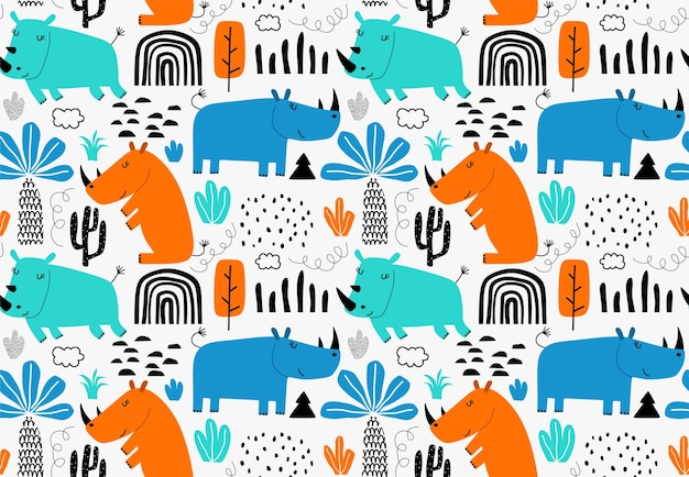 Cartoon cute rhino seamless pattern