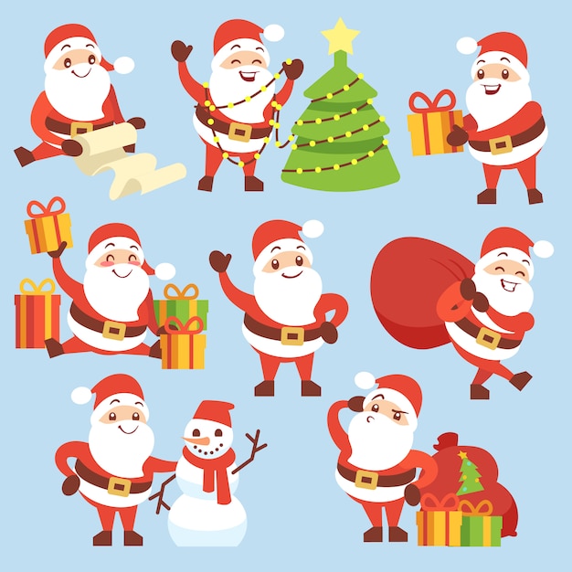 Cartoon cute santa claus character vector set. symbol of christmas holiday. set of santa claus cheerful with xmas tree and gifts illustration