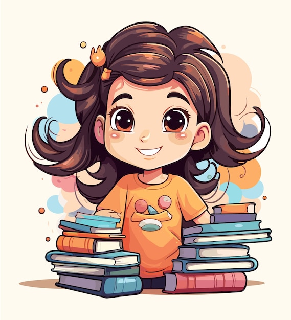 Vector cartoon cute school girl with a lot of book illustration