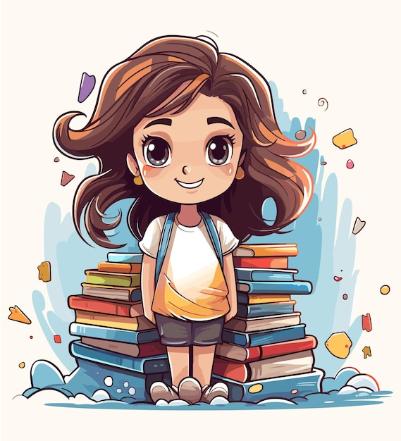 Vector cartoon cute school girl with a lot of book illustration