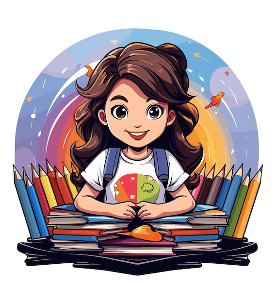 Vector cartoon cute school girl with a lot of book illustration