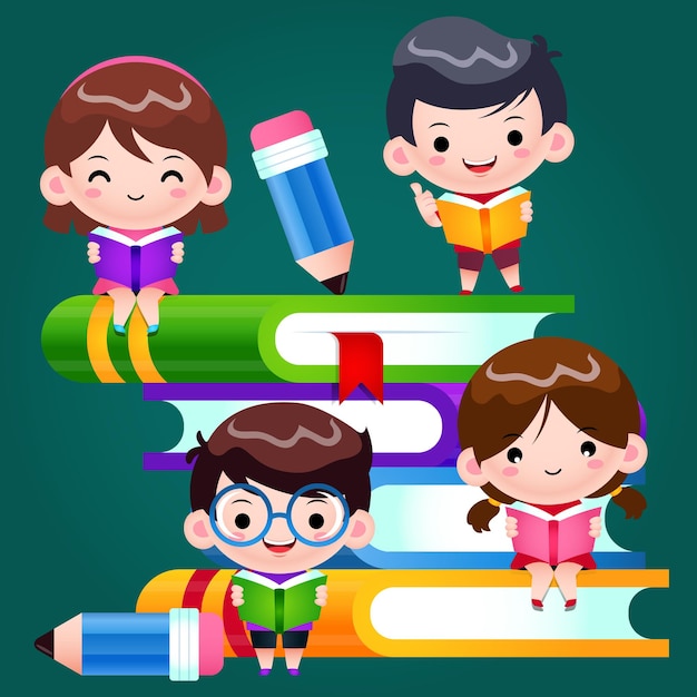 Cartoon cute school kids reading and learning on big books