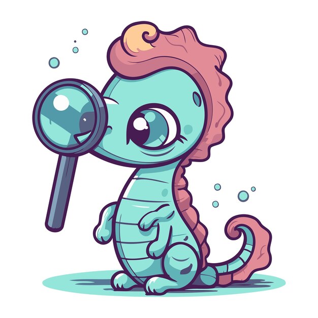 Vector cartoon cute seahorse with magnifying glass vector illustration