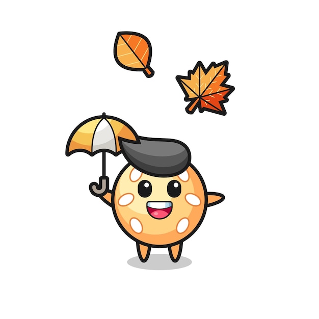 Cartoon of the cute sesame ball holding an umbrella in autumn