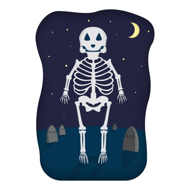 Cartone animato scheletro carino con cimitero notturno sfondo clipart grafica