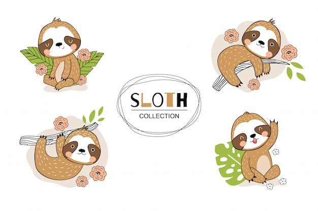 Vector cartoon cute sloth set. hand drawn  design illustration.